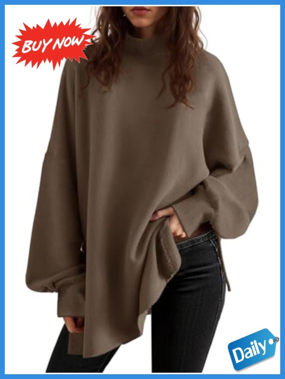 Oversized Turtleneck Sweater Batwing Sleeve Chunky Knit Tunic Top